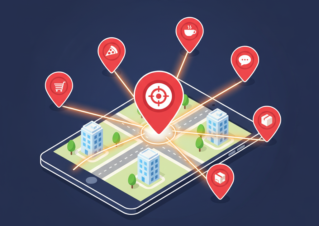 Illustration of hyperlocal targeting in quick commerce, showing a tablet with a map and multiple red location pins connected to a central target icon, symbolizing delivery zones and nearby services like shopping, food, and logistics.