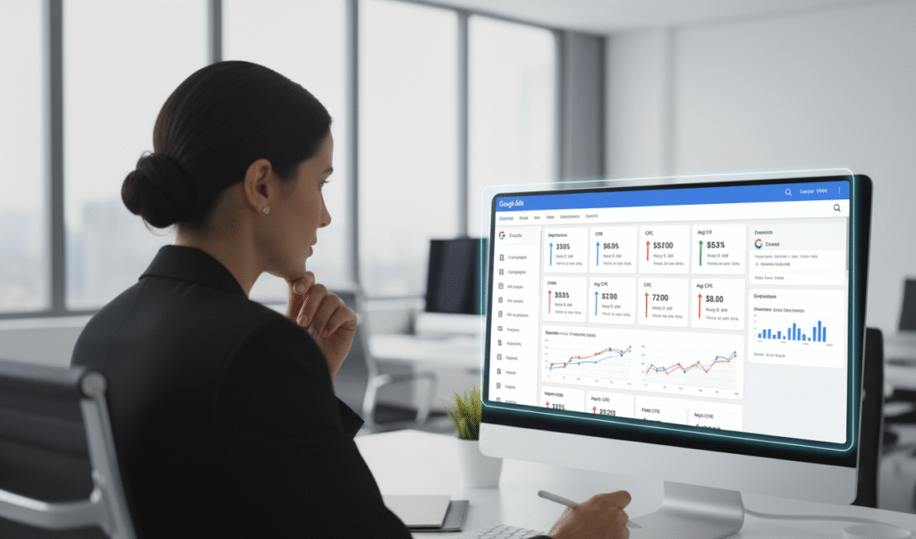 Businesswoman analyzing performance marketing metrics on Google Ads dashboard, reviewing campaign performance and trends on a desktop screen in a modern office setting.