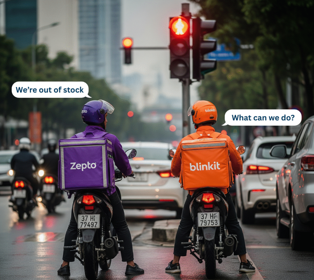 Two quick commerce delivery riders from Zepto and Blinkit waiting at a traffic signal. The Zepto rider says “We’re out of stock” while the Blinkit rider responds, “What can we do?”, highlighting inventory challenges in quick commerce.