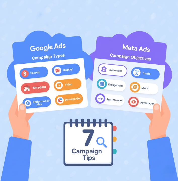 Animated graphic comparing Google Ads Campaign Types (Search, Display, Shopping, Video, Performance Max, Demand Gen) and Meta Ads Campaign Objectives (Awareness, Traffic, Engagement, Leads, App Promotion, Advantage+), held over a calendar with the text "7 Campaign Tips" to illustrate a guide on choosing ad campaign types.