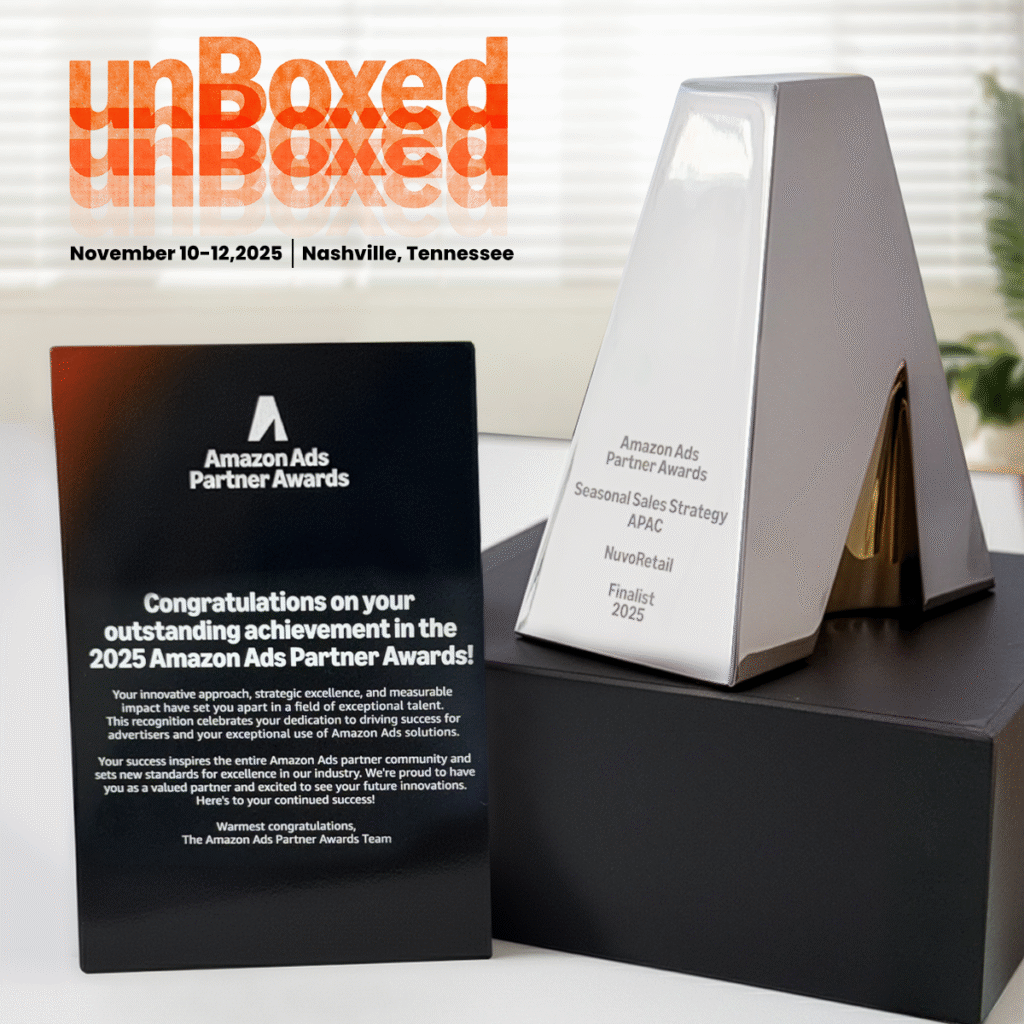 Amazon Ads Partner Awards invitation featuring an award display for the unBoxed event in Nashville, Tennessee, November 10-12, 2025.