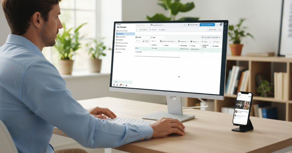 A square image showing a laptop screen displaying a professional Meta Ads dashboard with performance charts and campaign data, next to a smartphone showing a Facebook ad preview.